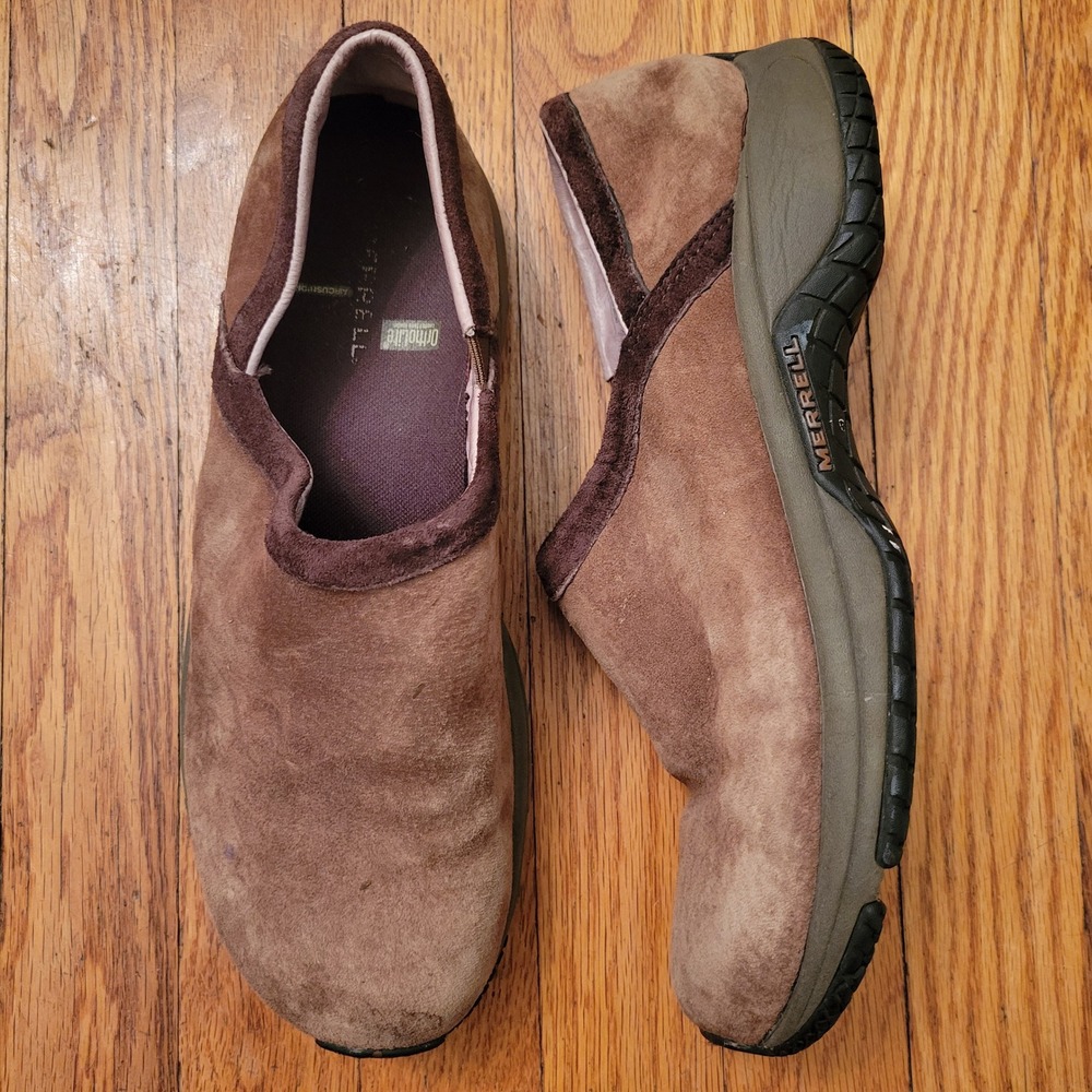 Merrell‎ Encore Adams Dark Earth Brown Suede Leather Slip On Mules Clogs 11